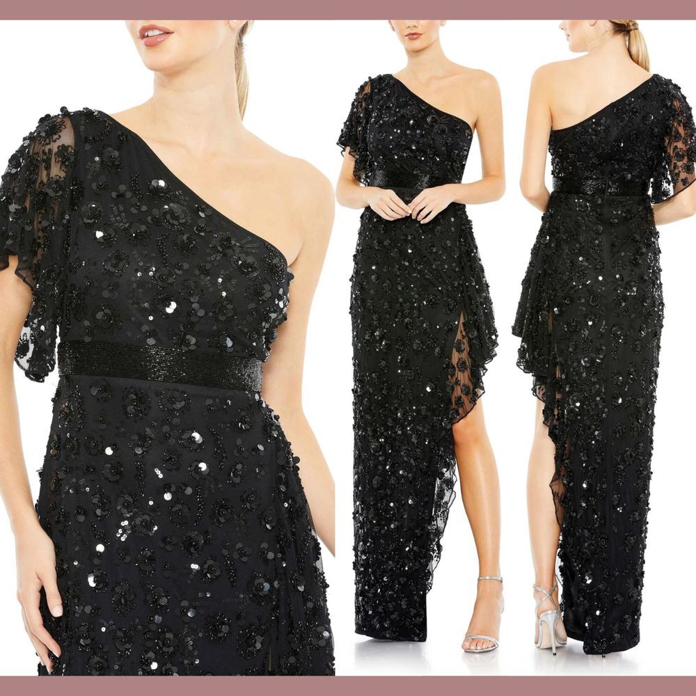 NWT $598 Mac‎ Duggal [ 10 ] One Shoulder Embellished Gown in Black #S1090